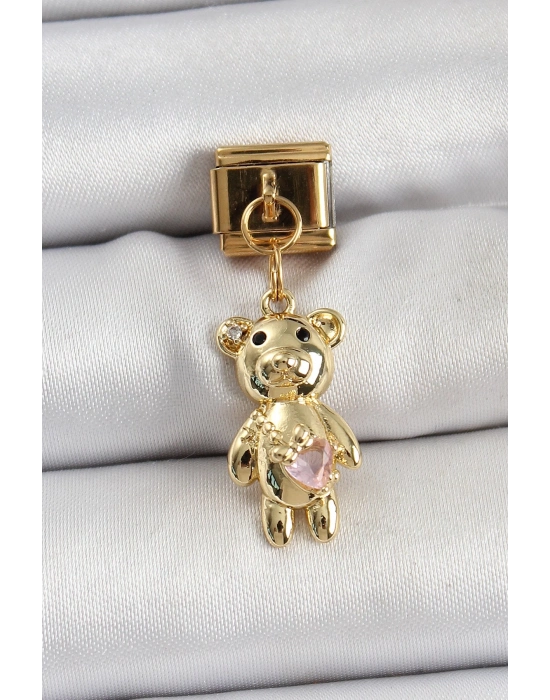® 316L Çelik Sallantılı Zirkon Taşlı Ayıcık Model Gold Renk Nomination Charm