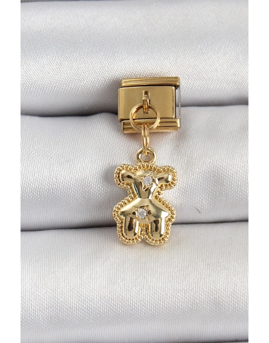 ® 316L Çelik Sallantılı Zirkon Taşlı Ayıcık Model Gold Renk Nomination Charm