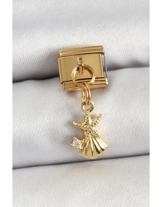 ® 316L Çelik Sallantılı Zirkon Taşlı Deniz Yıldızı Ve İstiridye Model Gold Renk Nomination Charm
