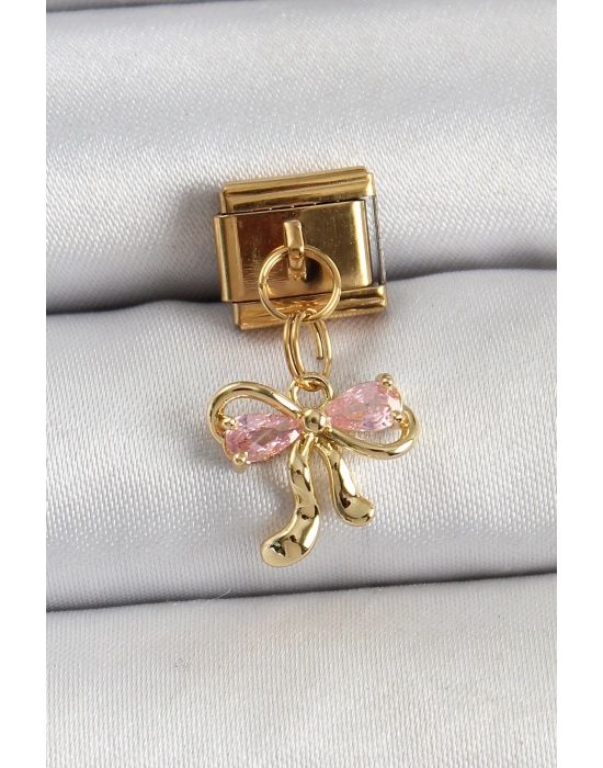 ® 316L Çelik Sallantılı Zirkon Taşlı Fiyonk Model Gold Renk Nomination Charm