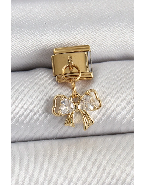 ® 316L Çelik Sallantılı Zirkon Taşlı Fiyonk Model Gold Renk Nomination Charm