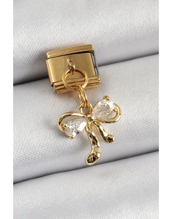® 316L Çelik Sallantılı Zirkon Taşlı Fiyonk Model Gold Renk Nomination Charm