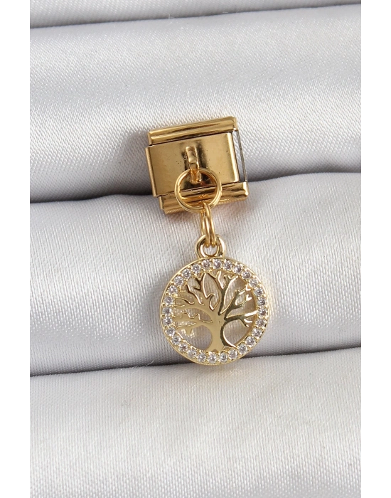 ® 316L Çelik Sallantılı Zirkon Taşlı Hayat Ağacı Model Gold Renk Nomination Charm