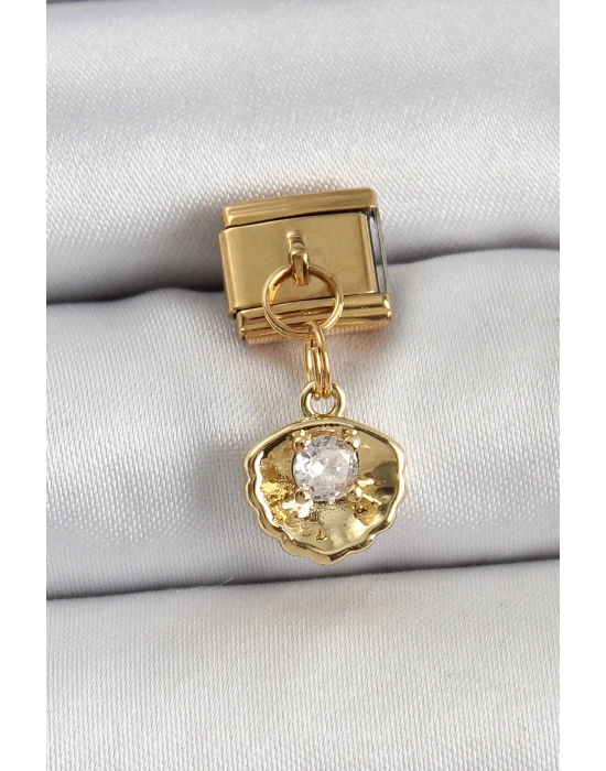 ® 316L Çelik Sallantılı Zirkon Taşlı İstiridye Model Gold Renk Nomination Charm