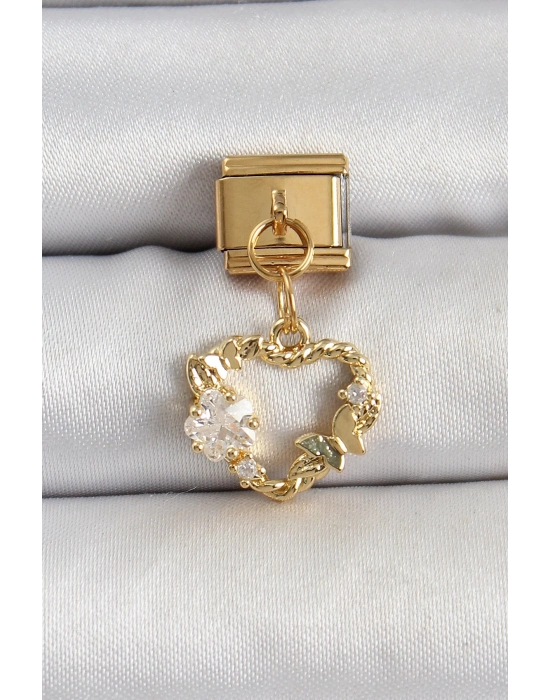 ® 316L Çelik Sallantılı Zirkon Taşlı Kalp Model Gold Renk Nomination Charm
