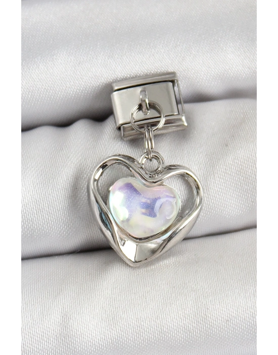 ® 316L Çelik Sallantılı Zirkon Taşlı Kalp Model Gümüş Renk Nomination Charm