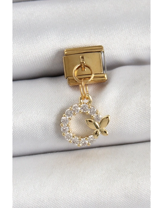 ® 316L Çelik Sallantılı Zirkon Taşlı Kelebek Detaylı Halka Model Gold Renk Nomination Charm