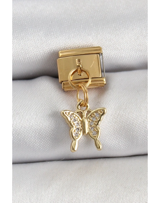 ® 316L Çelik Sallantılı Zirkon Taşlı Kelebek Model Gold Renk Nomination Charm