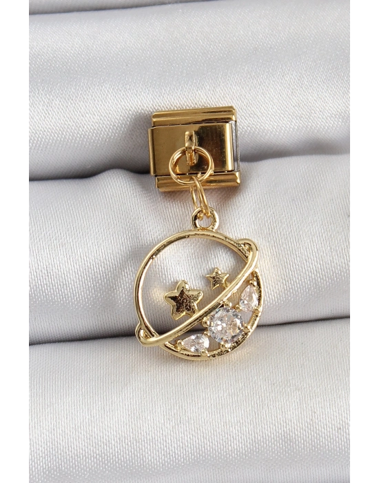 ® 316L Çelik Sallantılı Zirkon Taşlı Satürn Model Gold Renk Nomination Charm