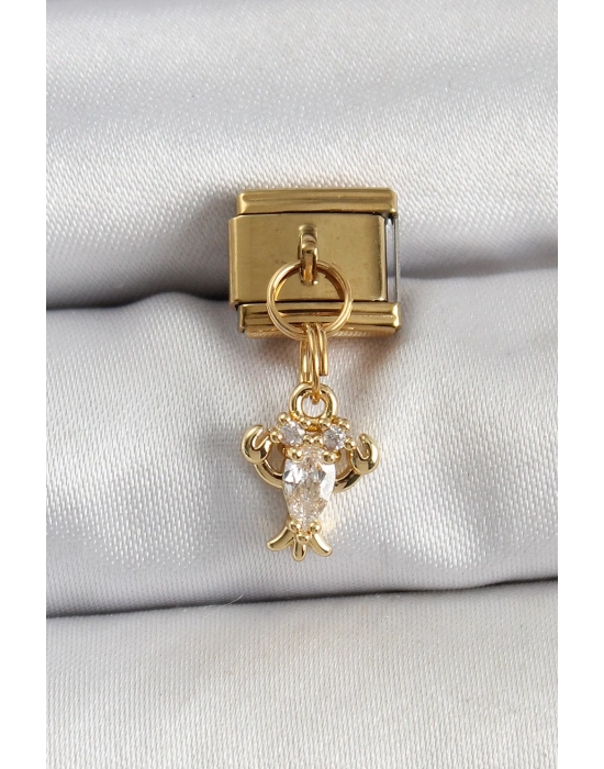 ® 316L Çelik Sallantılı Zirkon Taşlı Yengeç Model Gold Renk Nomination Charm