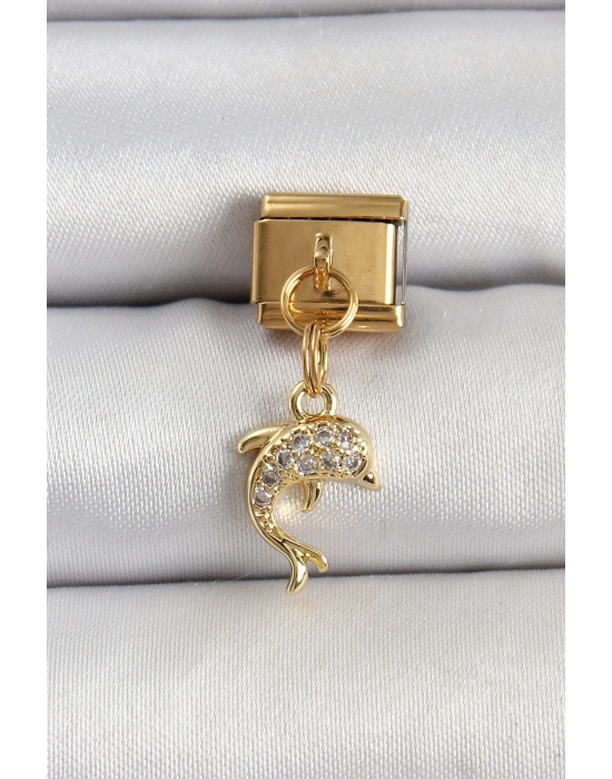 ® 316L Çelik Sallantılı Zirkon Taşlı Yunus Balığı Model Gold Renk Nomination Charm