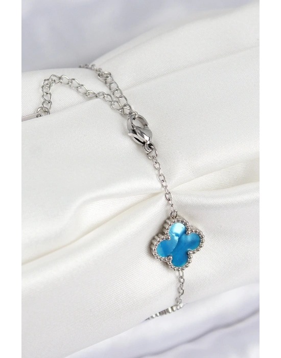 ® 316L Çelik Sedefli Gökyüzü Mavisi Gümüş Renk Yonca Kadın Bileklik