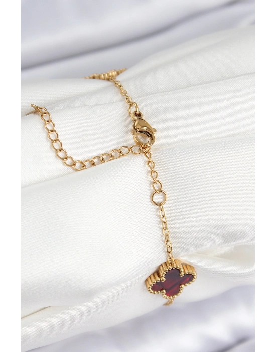 ® 316L Çelik Sedefli Kırmızı Gold Renk Yonca Kadın Bileklik