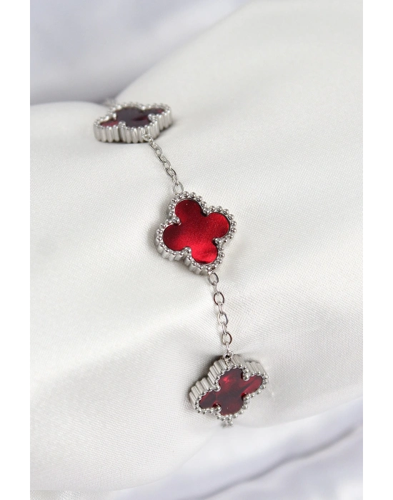 ® 316L Çelik Sedefli Kırmızı Gümüş Renk Yonca Kadın Bileklik