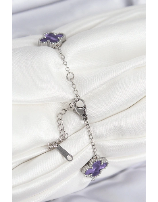 ® 316L Çelik Sedefli Mor Gümüş Renk Yonca Kadın Bileklik