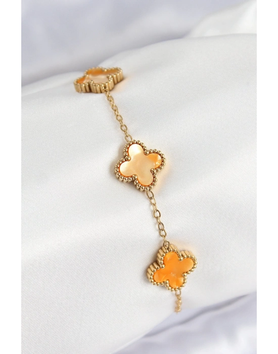 ® 316L Çelik Sedefli Turuncu Gold Renk Yonca Kadın Bileklik