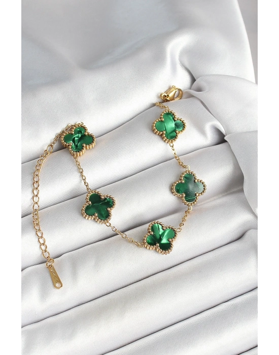 ® 316L Çelik Sedefli Zümrüt Yeşil Gold Renk Yonca Kadın Bileklik