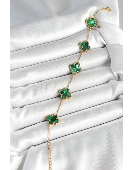 ® 316L Çelik Sedefli Zümrüt Yeşil Gold Renk Yonca Kadın Bileklik