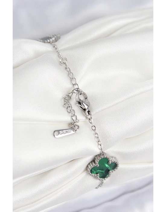 ® 316L Çelik Sedefli Zümrüt Yeşil Gümüş Renk Yonca Kadın Bileklik