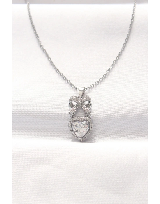 ® 316L Çelik Silver Renk Zirkon Taşlı Kalpli Fiyonk Kolye