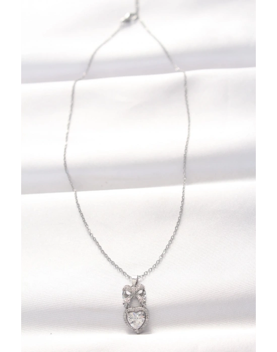 ® 316L Çelik Silver Renk Zirkon Taşlı Kalpli Fiyonk Kolye