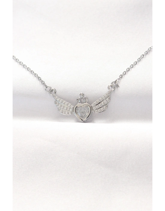 ® 316L Çelik Silver Renk Zirkon Taşlı Kalpli Kanat Kolye