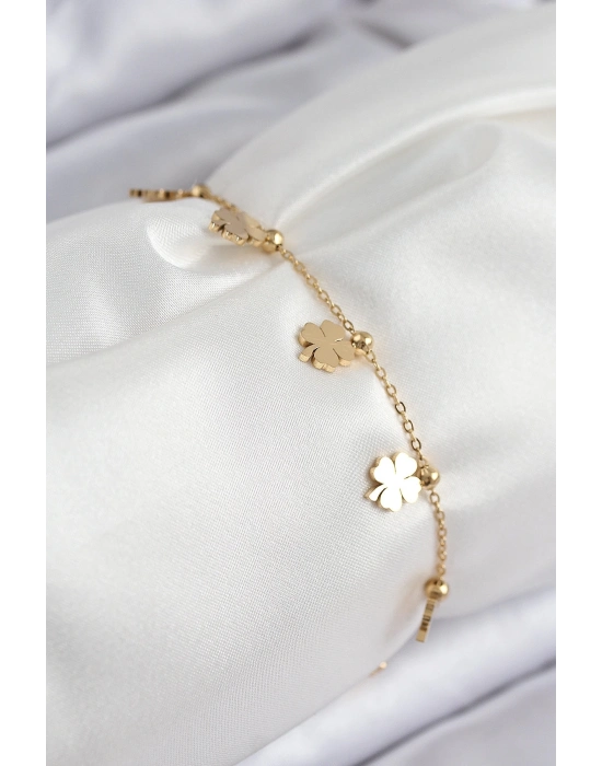 ® 316L Çelik Sıralı Yonca Model Gold Renk Kadın Bileklik