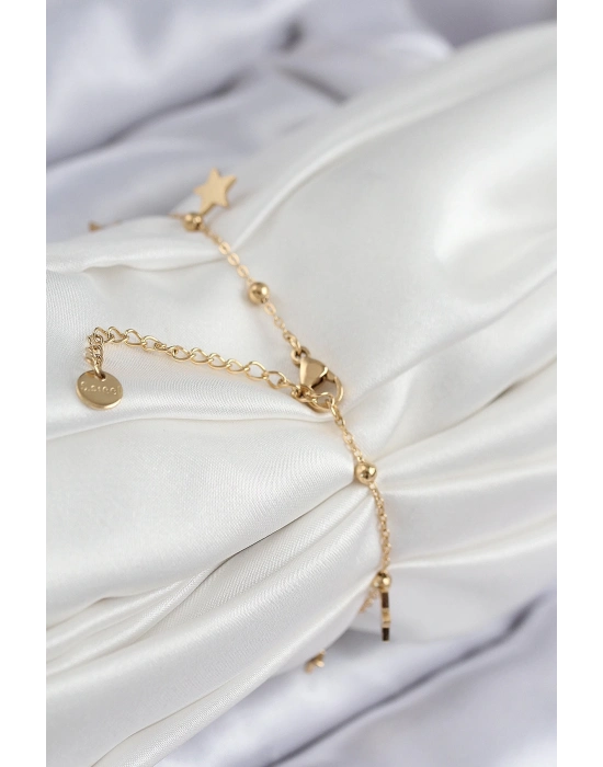 ® 316L Çelik Sıralı Yonca Model Gold Renk Kadın Bileklik