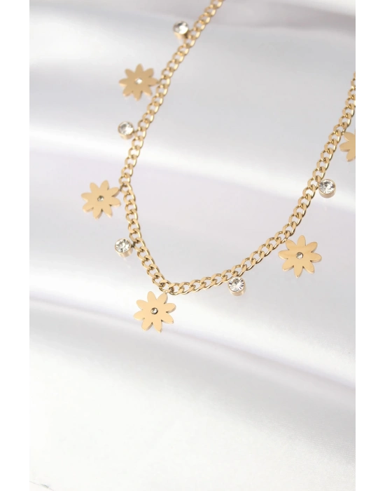 ® 316L Çelik Taşlı Gold Renk Çoklu Çiçek Kolye