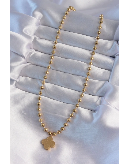 ® 316L Çelik Top Zincirli Gold Renk İşlemeli Yonca Model Kolye