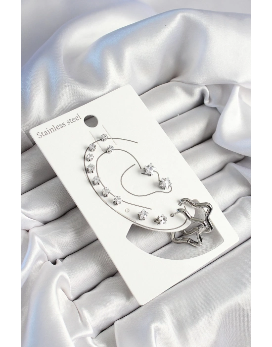 ® 316L Çelik Yıldız Figürlü Ve Zirkon Taşlı Gümüş Renk 7li Çift Kadın Küpe Set