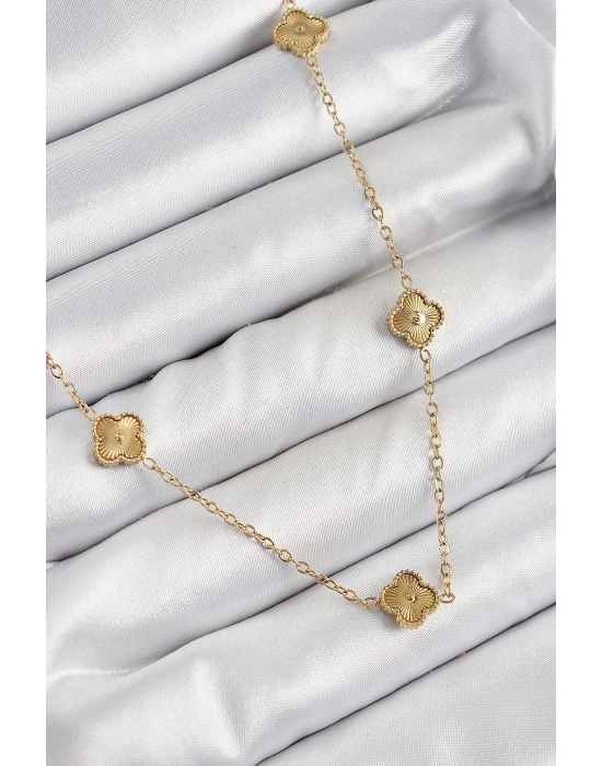 ® 316L Çelik Yonca Model Gold Renk Kadın Kolye