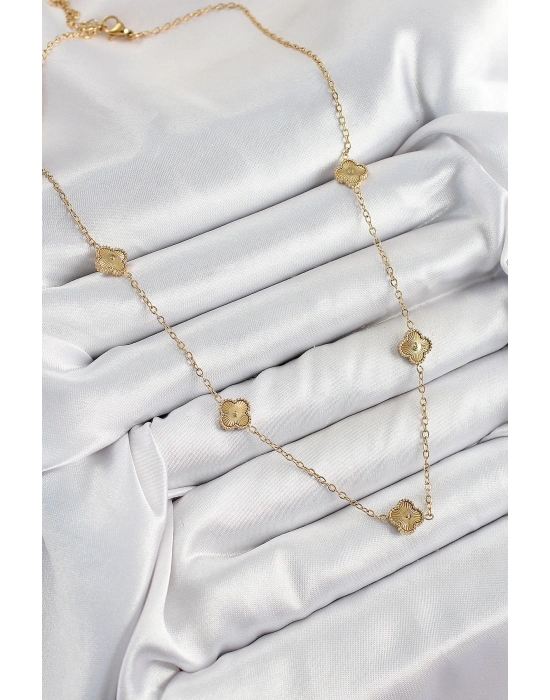 ® 316L Çelik Yonca Model Gold Renk Kadın Kolye