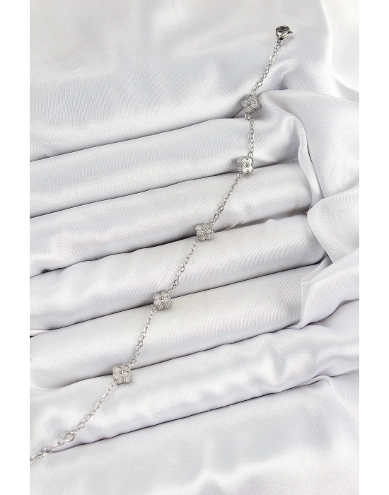 ® 316L Çelik Yonca Model Gümüş Renk Kadın Bileklik