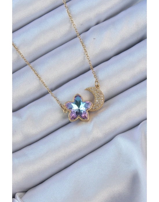 ® 316L Çelik Zincir Altın Renk Ay Tasarımlı Renkli Zirkon Taşlı Çiçek Kolye