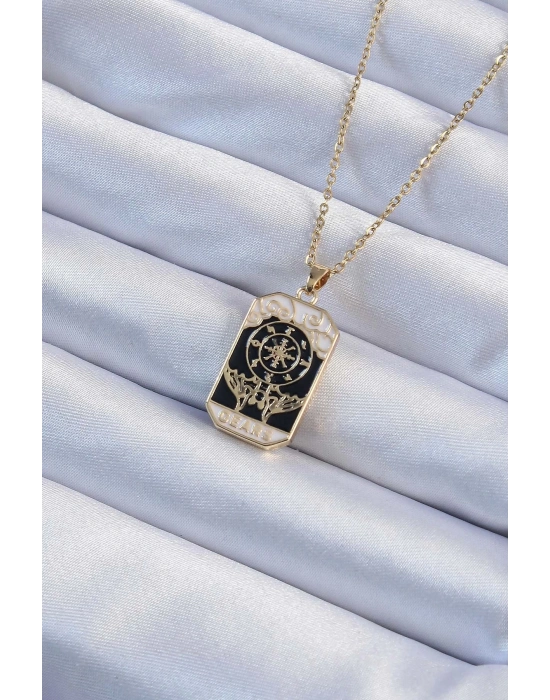 ® 316L Çelik Zincir Altın Renk İşlemeli Siyah Mineli Tarot Kolye