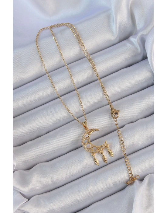 ® 316L Çelik Zincir Altın Renk İşlemeli Zirkon Taşlı Ay Kolye