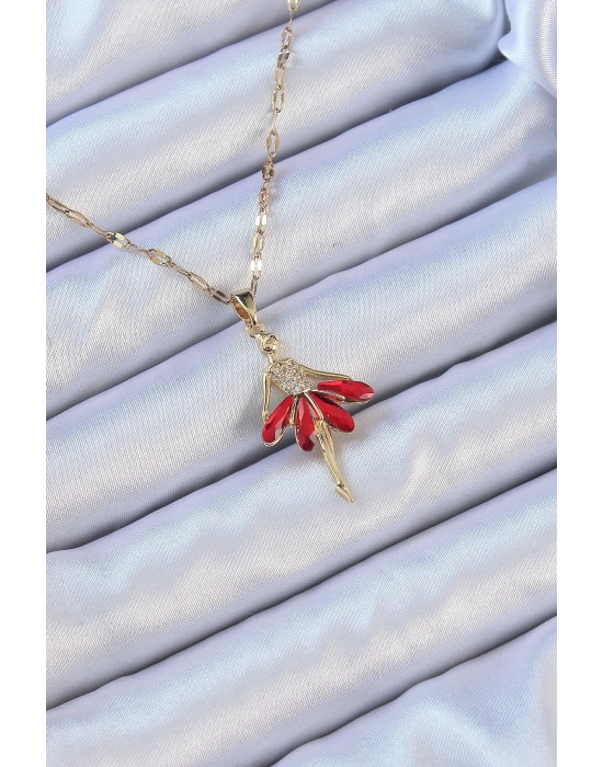 ® 316L Çelik Zincir Altın Renk Kırmızı Etekli Zirkon Taşlı Balerin Kolye