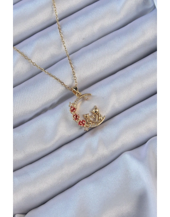 ® 316L Çelik Zincir Altın Renk Kırmızı Gül Detay Kedi Figür Zirkon Taşlı Ay Kolye