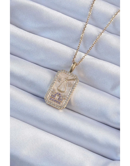 ® 316L Çelik Zincir Altın Renk Lila Zirkon Taşlı Tarot Kolye