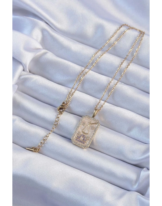 ® 316L Çelik Zincir Altın Renk Lila Zirkon Taşlı Tarot Kolye