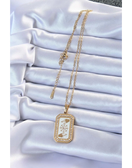 ® 316L Çelik Zincir Altın Renk Mineli Zirkon Taşlı Göz Figür Tarot Kolye
