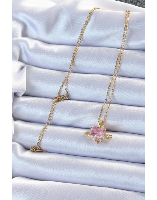 ® 316L Çelik Zincir Altın Renk Pembe Zirkon Taşlı Satürn Görünümlü Kalp Kolye