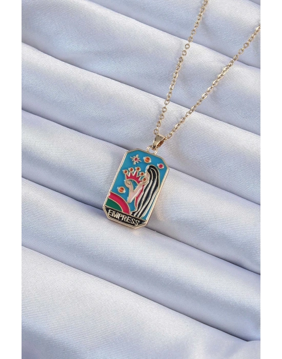 ® 316L Çelik Zincir Altın Renk Taç ve Kız Figürlü Renkli Mineli Tarot Kolye