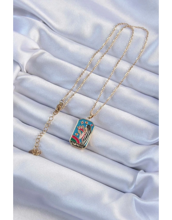 ® 316L Çelik Zincir Altın Renk Taç ve Kız Figürlü Renkli Mineli Tarot Kolye
