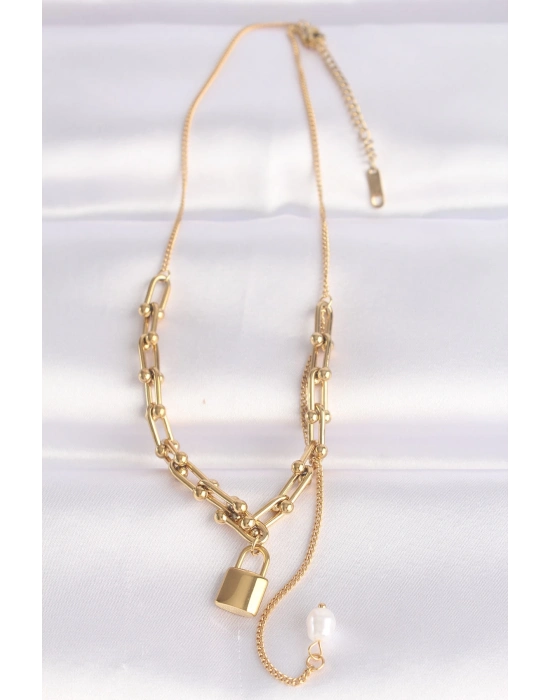 ® 316L Çelik Zincir Altın Renk Zincirli Love Yazılı Kilit Kolye