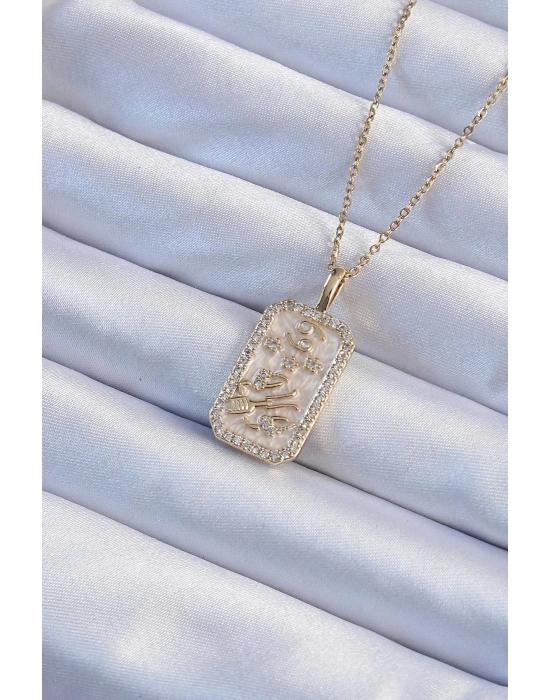 ® 316L Çelik Zincir Altın Renk Zirkon Taşlı Çerçeveli Tarot Kolye