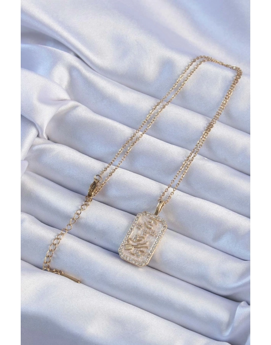 ® 316L Çelik Zincir Altın Renk Zirkon Taşlı Çerçeveli Tarot Kolye