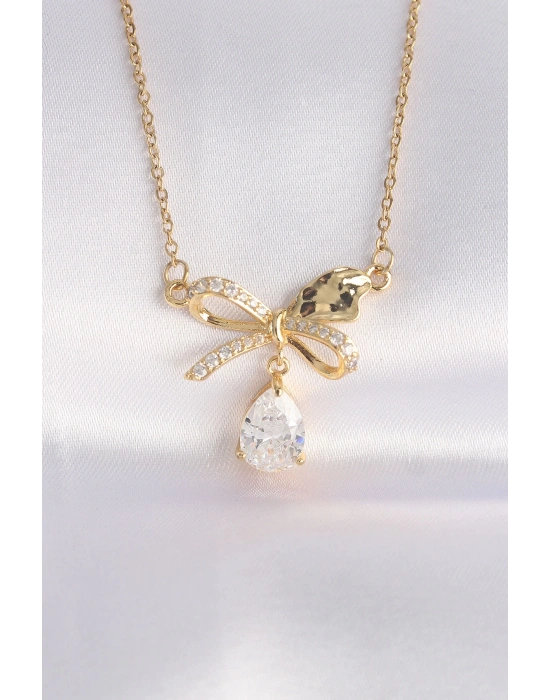 ® 316L Çelik Zincir Altın Renk Zirkon Taşlı Damla Detay Fiyonk Kolye