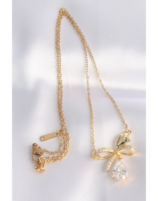 ® 316L Çelik Zincir Altın Renk Zirkon Taşlı Damla Detay Fiyonk Kolye